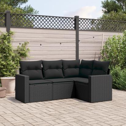 Set mobilier de grădină cu perne, 4 piese, negru, poliratan GartenMobel Dekor