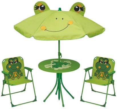 Set grădină copii cu umbrelă Frog, masă și 2 scaune pliabile verzi