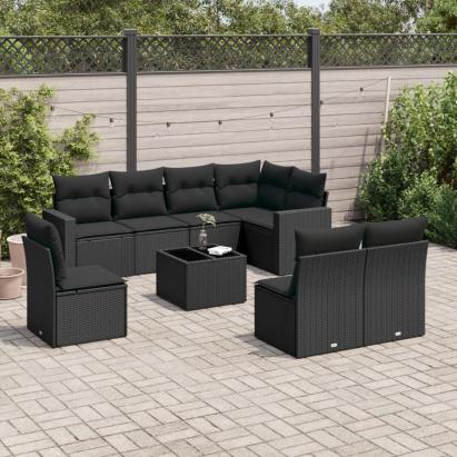 Set mobilier de grădină cu perne, 9 piese, negru, poliratan GartenMobel Dekor