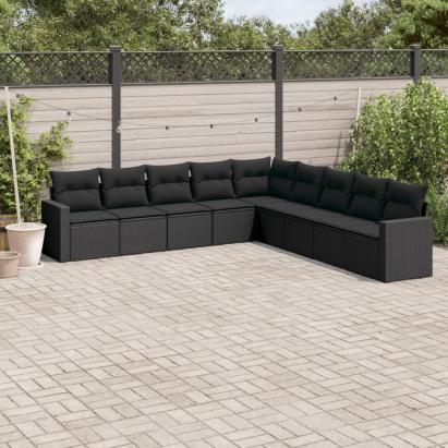 Set mobilier de grădină cu perne, 9 piese, negru, poliratan GartenMobel Dekor