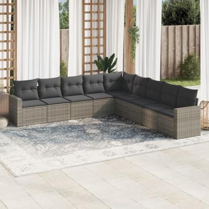 Set canapele de grădină, 9 piese, cu perne, gri, poliratan GartenMobel Dekor