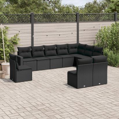 Set canapele de grădină cu perne, 10 piese, negru, poliratan GartenMobel Dekor