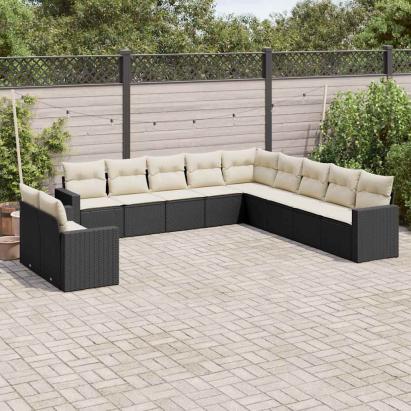 Set canapele de grădină cu perne, 11 piese, negru, poliratan GartenMobel Dekor