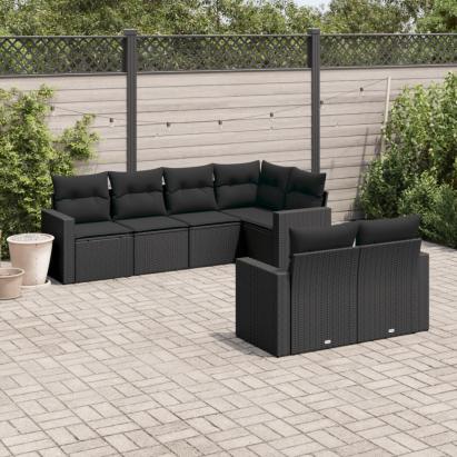 Set canapele de grădină cu perne, 7 piese, negru, poliratan GartenMobel Dekor