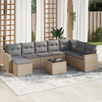 Set canapele de grădină, 9 piese, cu perne, bej, poliratan GartenMobel Dekor