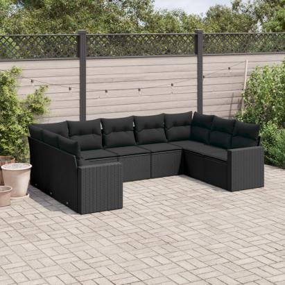 Set mobilier de grădină cu perne, 9 piese, negru, poliratan GartenMobel Dekor