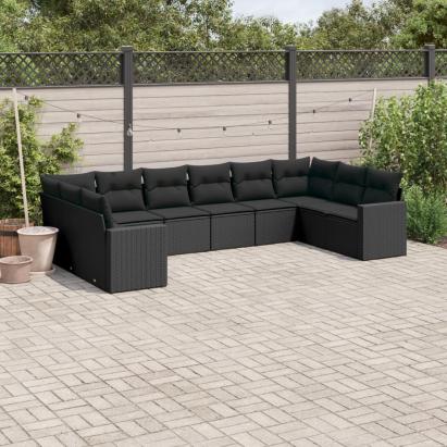 Set canapele de grădină cu perne, 10 piese, negru, poliratan GartenMobel Dekor