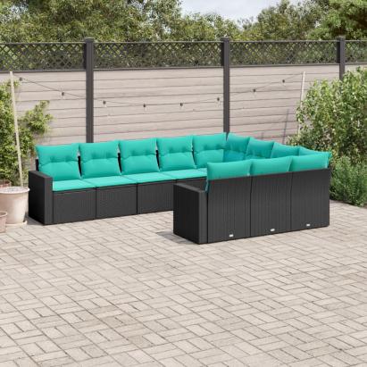 Set canapele de grădină cu perne, 10 piese, negru, poliratan GartenMobel Dekor