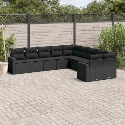Set canapele de grădină cu perne, 10 piese, negru, poliratan GartenMobel Dekor