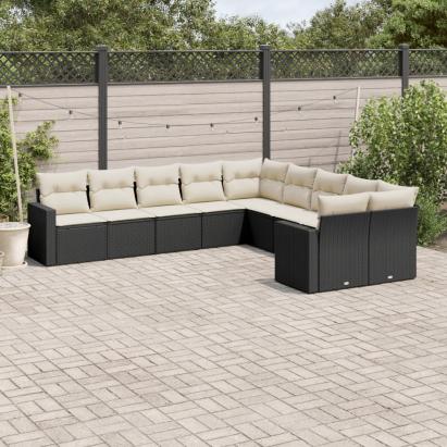 Set canapele de grădină cu perne, 10 piese, negru, poliratan GartenMobel Dekor