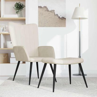 Scaun de relaxare cu taburet, alb crem, catifea GartenMobel Dekor