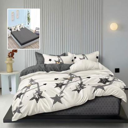 Lenjerie de pat finet 6 piese cu elastic, model Stelute gri/alb