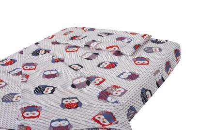 Lenjerie pentru patut bebe SomnArt, 3 piese, bumbac, Bufnite Mici, 60x120 cm