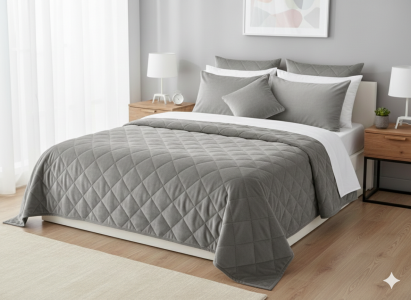 Cuvertura de pat velour matlasata reversibila SomnArt 220x240 cm gri