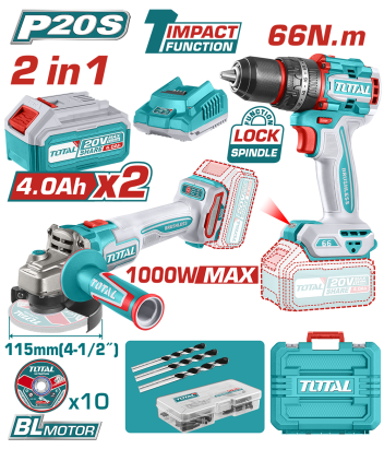Kit TOTAL 20V 4.0Ah cu masina de gaurit cu impact si polizor unghiular
