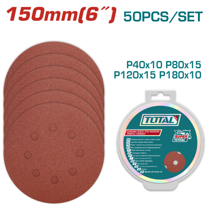 Set 50 discuri abrazive TOTAL 150 mm cu Velcro, P40-P180