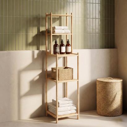 Etajeră de baie Anun din bambus natur, 128x30x30 cm, 4 rafturi