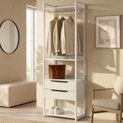 Cuier de hol cu 2 sertare, bară haine și 4 polițe, gri, 200x61x40 cm