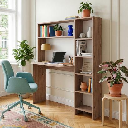 Birou cu raft integrat Onega, 143x114x40 cm, aspect lemn