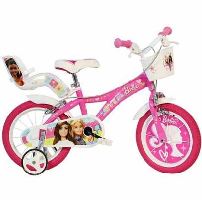 Bicicletă pentru copii 14 inch Barbie roz, cu roți ajutătoare și coșulețe