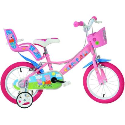 Bicicletă pentru copii 14 inch Peppa Pig cu roți ajutătoare și coșuleț