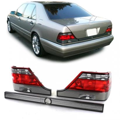 Lumini spate din sticlă clară roșii negre cu bandă de blocare, potrivite pentru Mercedes S W140 94-98 Performance AutoTuning