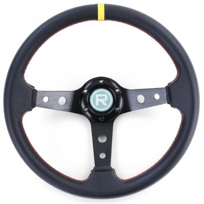 Volan sport cu forma de farfurie, din piele neagră, cu marcaj galben la 12 ore, Ø 350 mm Performance AutoTuning