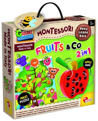 Joc Montessori 2 in 1 cu fructe din lemn pentru motricitate fina, 3 ani+