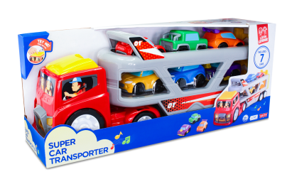 Jucarie interactiva camion transport auto cu lumini si 6 masinute