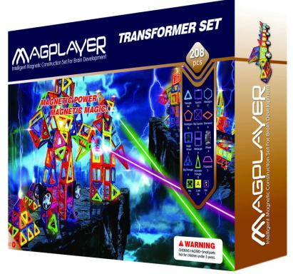 Joc de constructie magnetic MAGPLAYER cu 208 piese pentru modele 2D si 3D