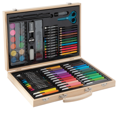 Trusa pentru pictura si desen din lemn, 86 piese, pentru copii