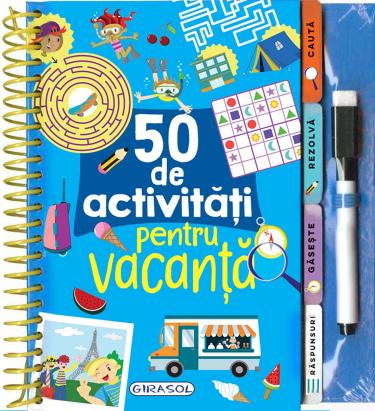 50 de activități pentru vacanță, carte reutilizabilă cu marker, 5 ani+