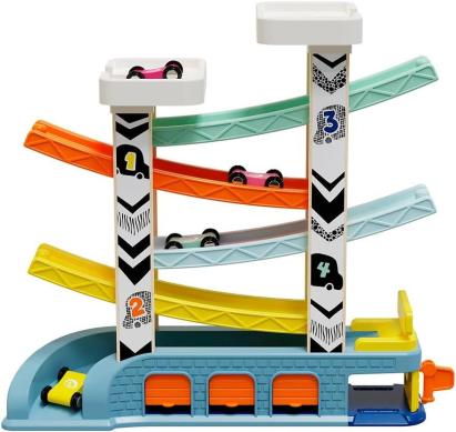 Rampa cu 4 mașinuțe de curse din lemn, garaj și benzinărie, 18 luni+