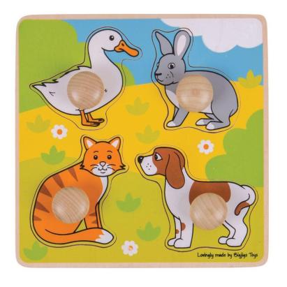 Puzzle din lemn cu maner pentru copii - animale de companie, 12 luni+