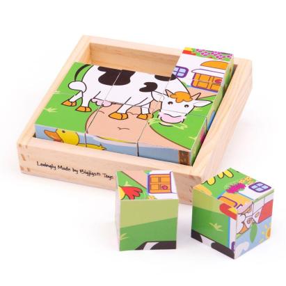 Puzzle cubic din lemn cu animale domestice pentru bebelusi 10 luni+