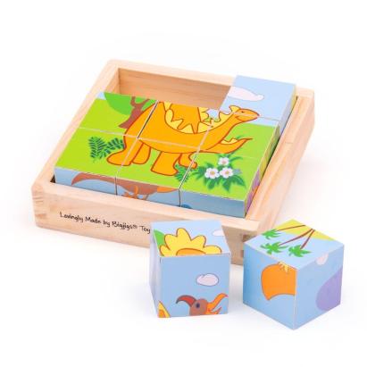 Puzzle cubic din lemn cu dinozauri, 9 cuburi, 6 imagini