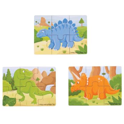 Set 3 puzzle-uri din lemn cu dinozauri pentru copii 2+ ani