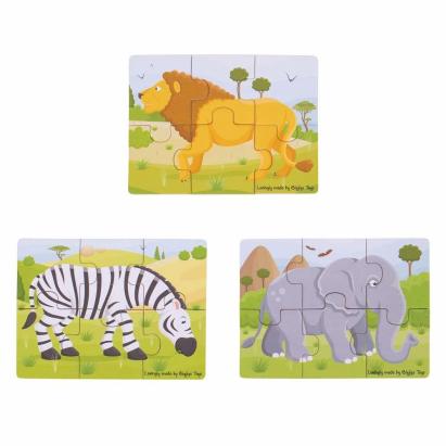 Set 3 puzzle-uri din lemn Jungla Vesela cu animale, 2 ani+