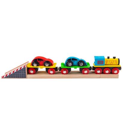 Trenuleț din lemn cu platformă auto și mașinuțe, Bigjigs Toys