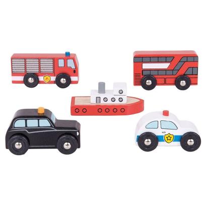 Set 5 vehicule din lemn BigJigs pentru joc de rol, copii 3+ ani