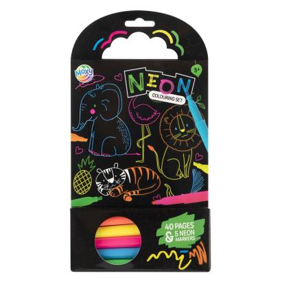 Carte de colorat neon cu animale și 5 carioci pentru copii 5+