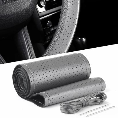 Husa volan din PIELE GRI + ATA GRI, diametru 37 - 39 cm (se coase, aspect ORIGINAL) FAVLine Selection