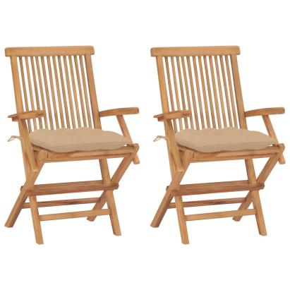 Scaune de grădină cu perne, 2 buc., bej, lemn masiv de tec GartenMobel Dekor