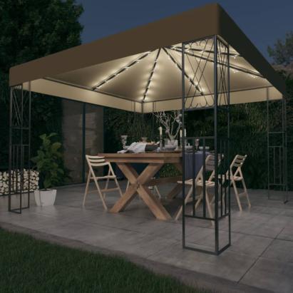 Pavilion cu șiruri de lumini LED, gri taupe, 3x3 m, țesătură GartenMobel Dekor
