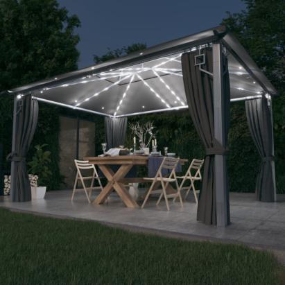 Pavilion cu perdele & șiruri lumini LED antracit 4x3m aluminiu GartenMobel Dekor