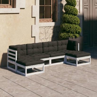 Set mobilier grădină cu perne, 6 piese, alb, lemn masiv de pin GartenMobel Dekor