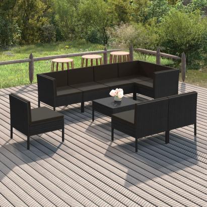 Set mobilier de grădină cu perne, 9 piese, negru, poliratan GartenMobel Dekor