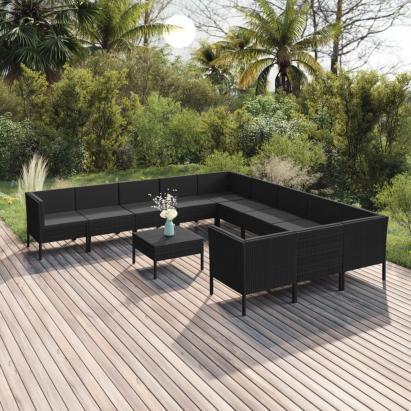 Set mobilier de grădină cu perne, 12 piese, negru, poliratan GartenMobel Dekor