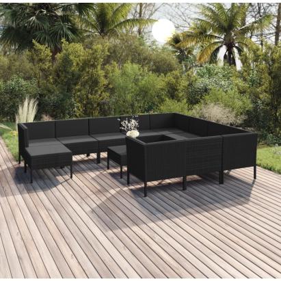 Set mobilier de grădină cu perne, 12 piese, negru, poliratan GartenMobel Dekor