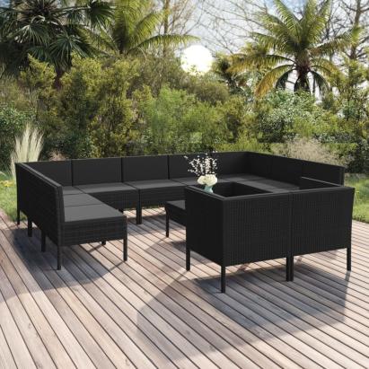 Set mobilier de grădină cu perne, 12 piese, negru, poliratan GartenMobel Dekor